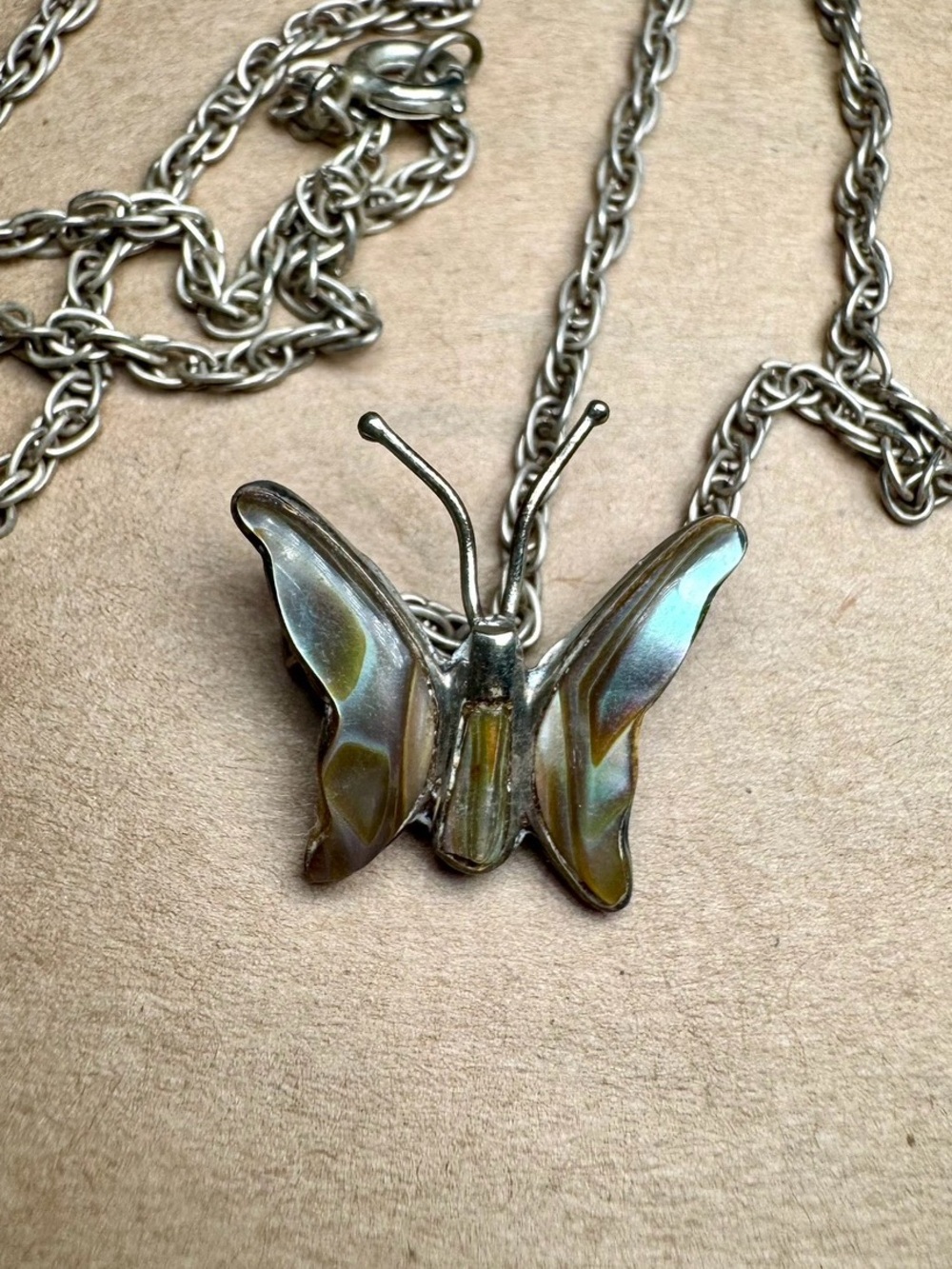 Vintage Butterfly Pendant Necklace with Iridescent Wings on Silver Tone Chain